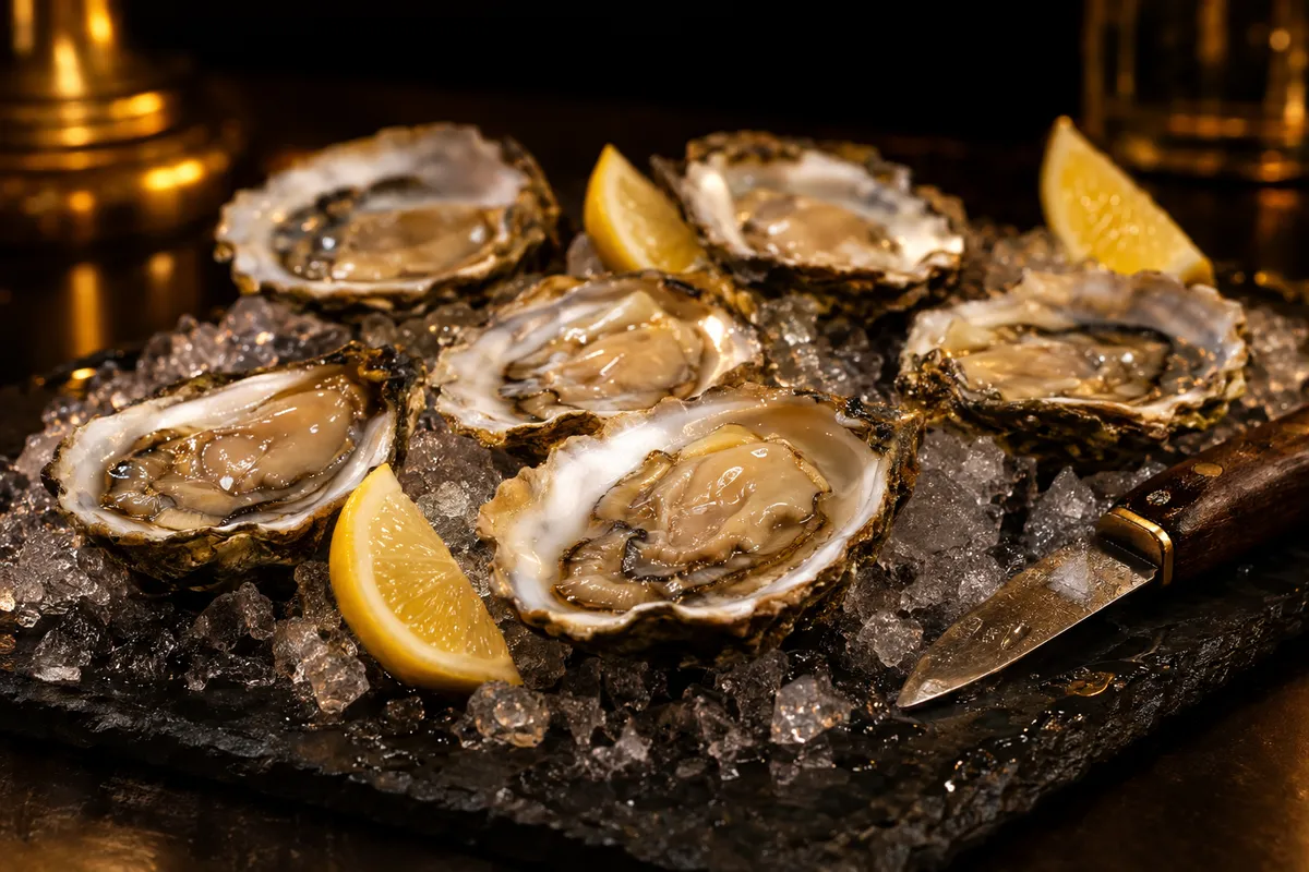 Freshly shucked Gulf oysters on crushed ice with lemon wedges and an oyster knife